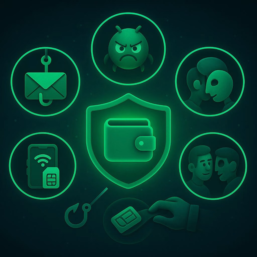 Panduan Lengkap Web3 Wallet: Jenis, Keamanan, Evolusi, dan Cara Menggunakannya 5 Ilustrasi berbagai ancaman keamanan terhadap wallet Web3, termasuk phishing, malware, SIM swap, social engineering, dan pencurian fisik