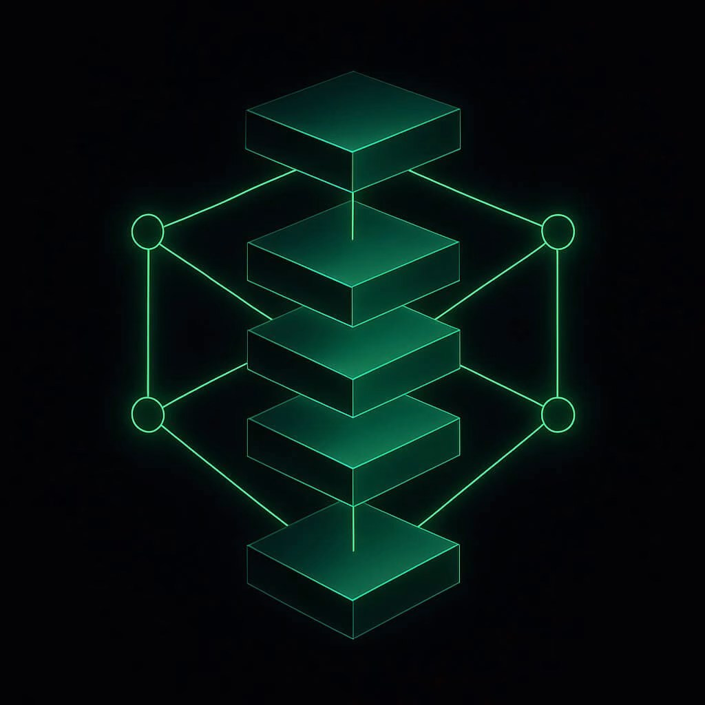 Evolusi Teknologi Web3: Bagaimana Inovasi Mendorong Perubahan 3 Ilustrasi blockchain modular Web3 dengan lapisan neon hijau yang saling terhubung di latar belakang futuristik