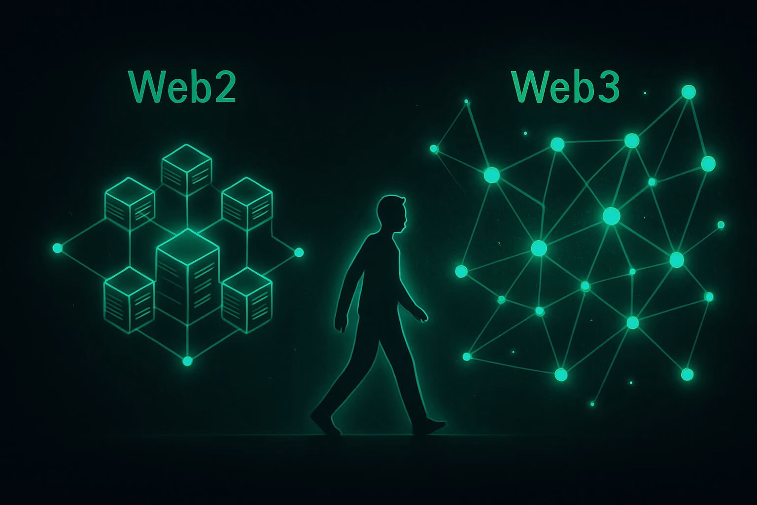 Ilustrasi evolusi Web2 ke Web3 dengan node neon hijau di latar gelap