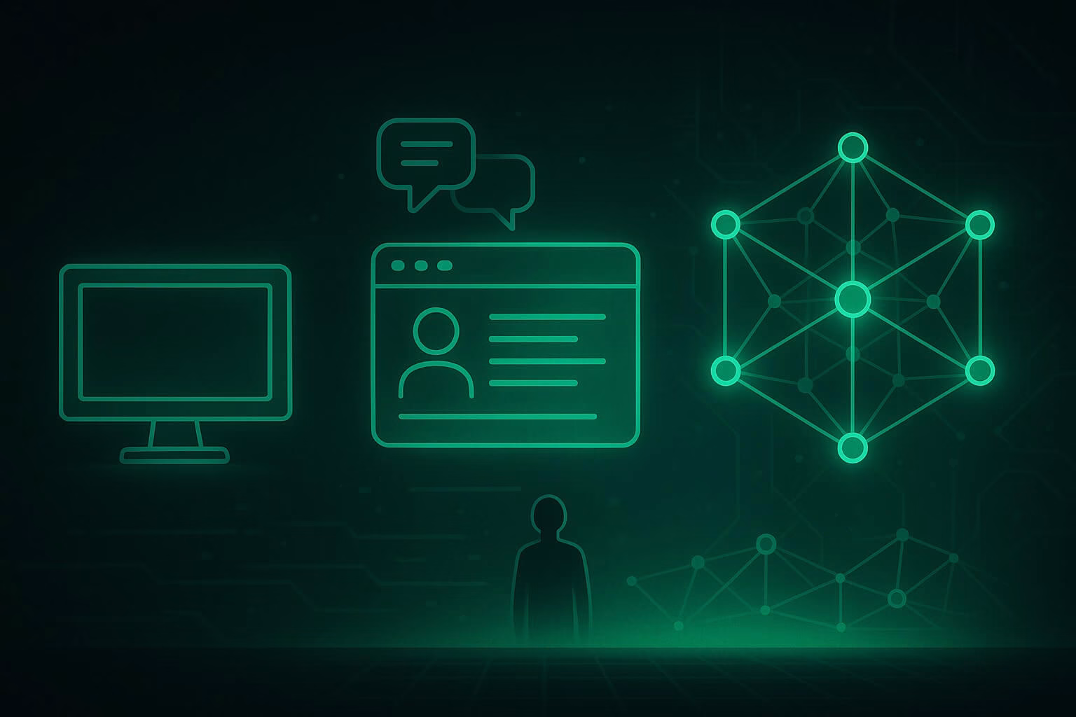 Ilustrasi evolusi internet dari Web1 ke Web2 dan Web3 dalam nuansa neon futuristik, menunjukkan perubahan struktur data dan kepemilikan digital