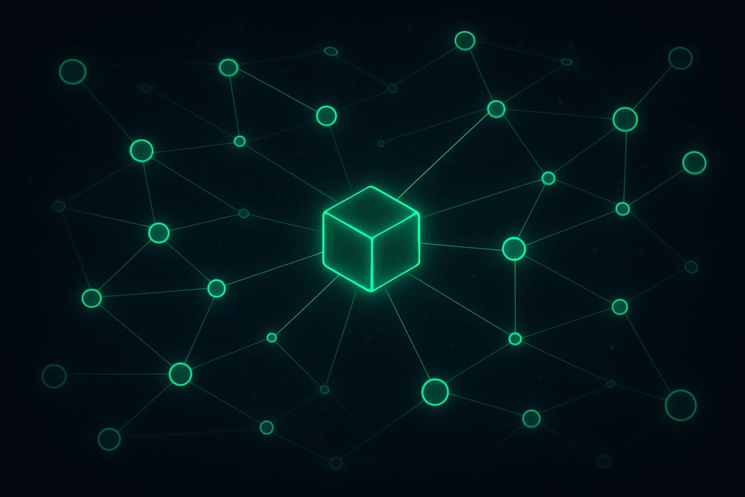 Ilustrasi futuristik jaringan Web3 yang merepresentasikan kemandirian, transparansi, dan keadilan digital dengan node neon terhubung bebas