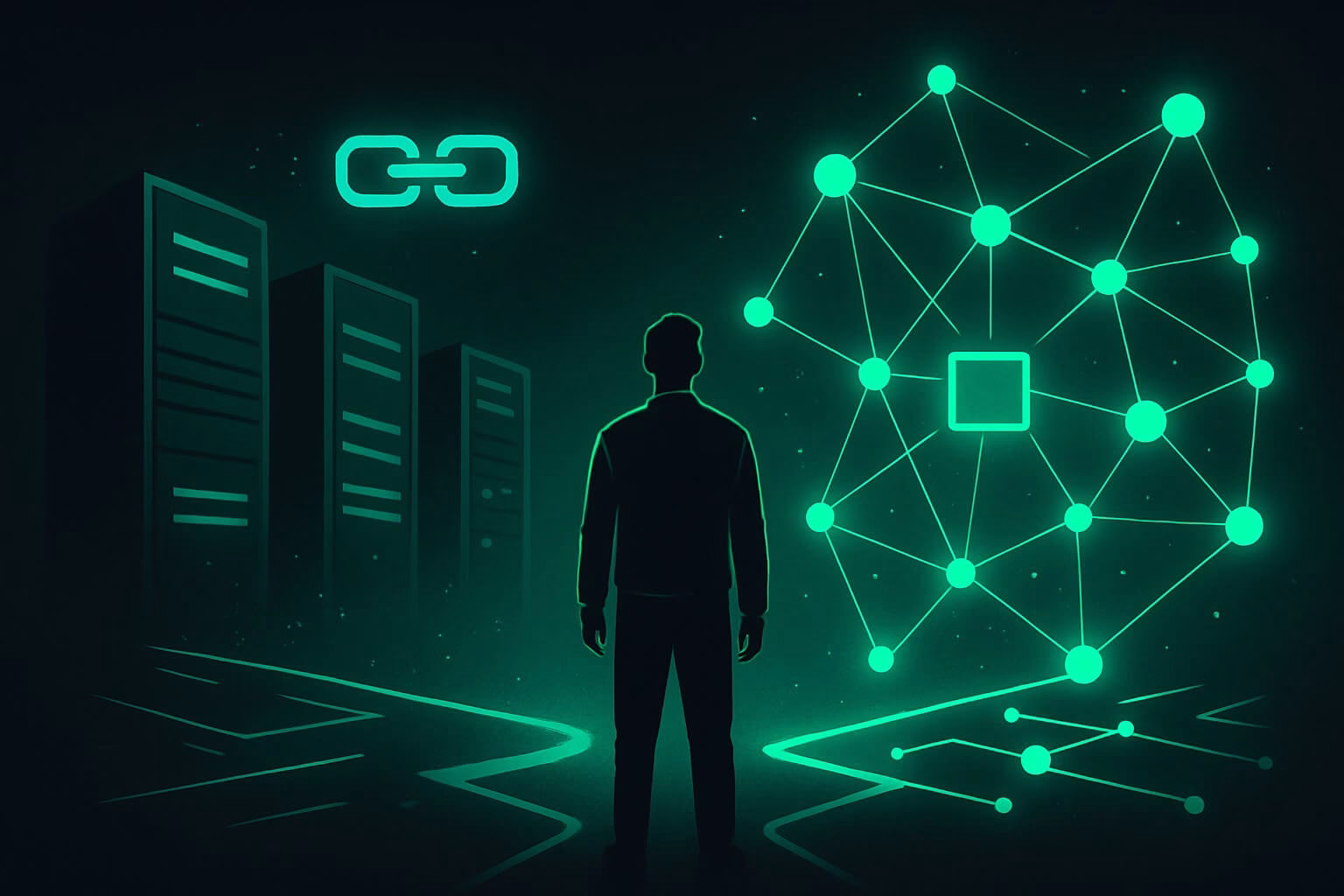 Ilustrasi futuristik pertempuran antara server terpusat Web2 dan jaringan blockchain neon Web3 dalam latar gelap