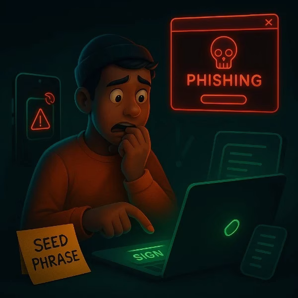 Web3 Wallet untuk Pemula: Cara Memilih Crypto Wallet yang Tepat dan Hindari Kesalahan Umum 4 Ilustrasi karakter pengguna Web3 yang cemas saat menghadapi ancaman phishing, SIM swap, dan seed phrase yang disimpan sembarangan