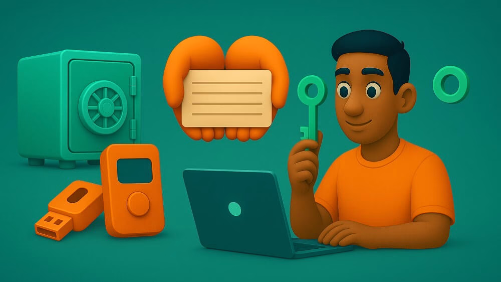 Ilustrasi keamanan crypto wallet dengan brankas hijau, seed phrase di kertas bergaris tanpa teks, hardware wallet oranye, dan karakter memegang kunci di depan laptop